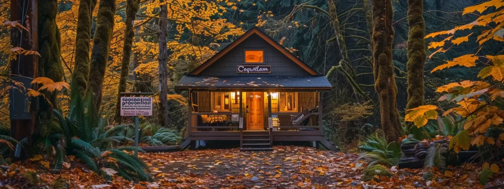 a cozy cabin in the woods surrounded by colorful autumn leaves, with a sign reading "coquitlam seasonal pest prevention guide" on the front door.