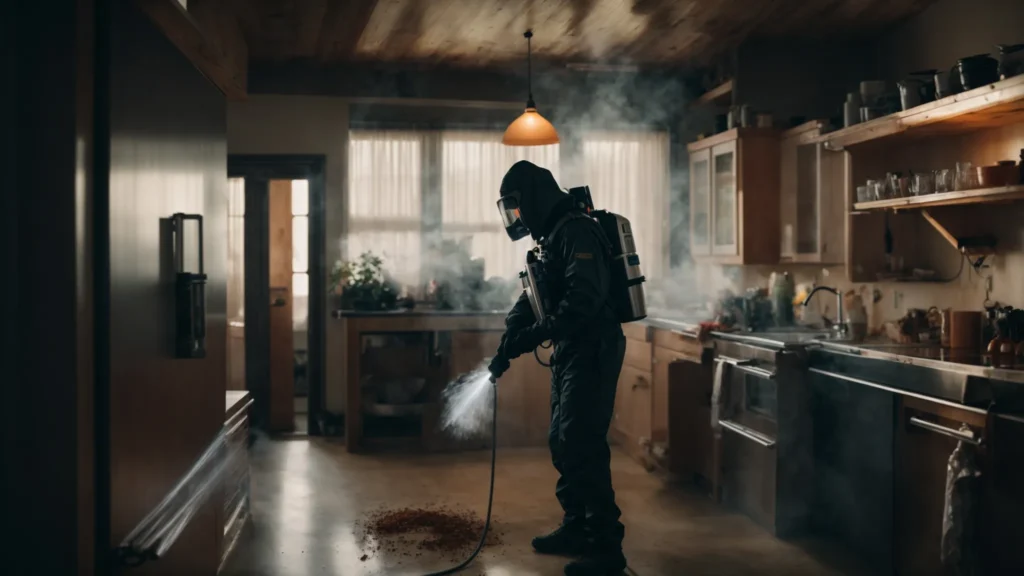 a professional exterminator in full protective gear spraying a cloud of insecticide in a dimly lit kitchen infested with cockroaches.