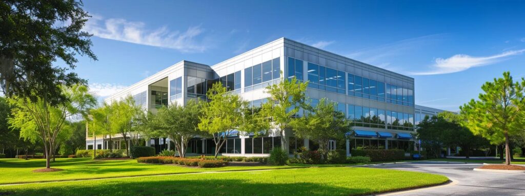 a sleek, modern office building stands resilient amid a backdrop of vibrant green trees, symbolizing the effective pest control solutions that protect businesses from unseen threats.