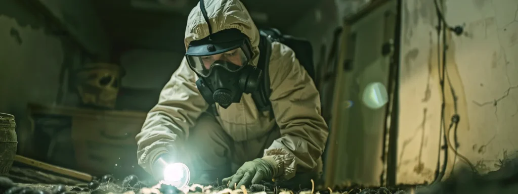 a focused professional exterminator inspects a dimly lit room, clad in protective gear, while a powerful flashlight illuminates a cluster of hidden pests scurrying in the shadows.