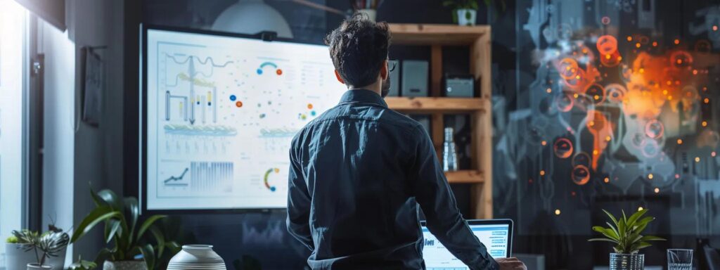 a sleek, modern office setting showcases a confident professional presenting a vibrant infographic on eco-friendly pest control, illuminated by soft overhead lighting that emphasizes the clarity and vibrancy of colors.