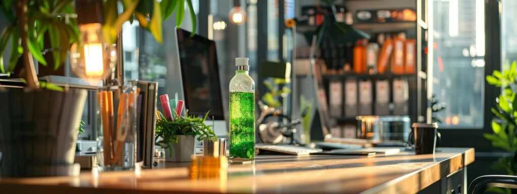 a sleek, modern office space features a vibrant green pest control product prominently displayed on a polished wooden desk, surrounded by innovative technology tools, evoking an atmosphere of effective and eco-friendly solutions in action.