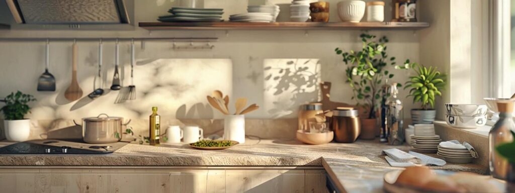 a cozy, modern kitchen featuring a neatly organized countertop with eco-friendly pest control products, showcasing a thoughtful blend of sustainability and practicality in a well-lit, inviting atmosphere.