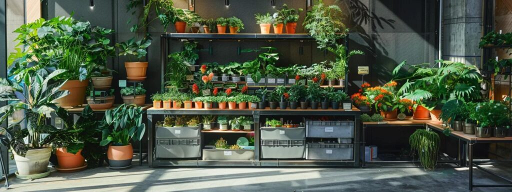 a vibrant, well-organized urban garden workspace showcases an array of natural pest control solutions, featuring eco-friendly products in neatly arranged containers and lush plants, all meticulously illuminated to highlight their vibrant colors and textures in a bright, modern setting.
