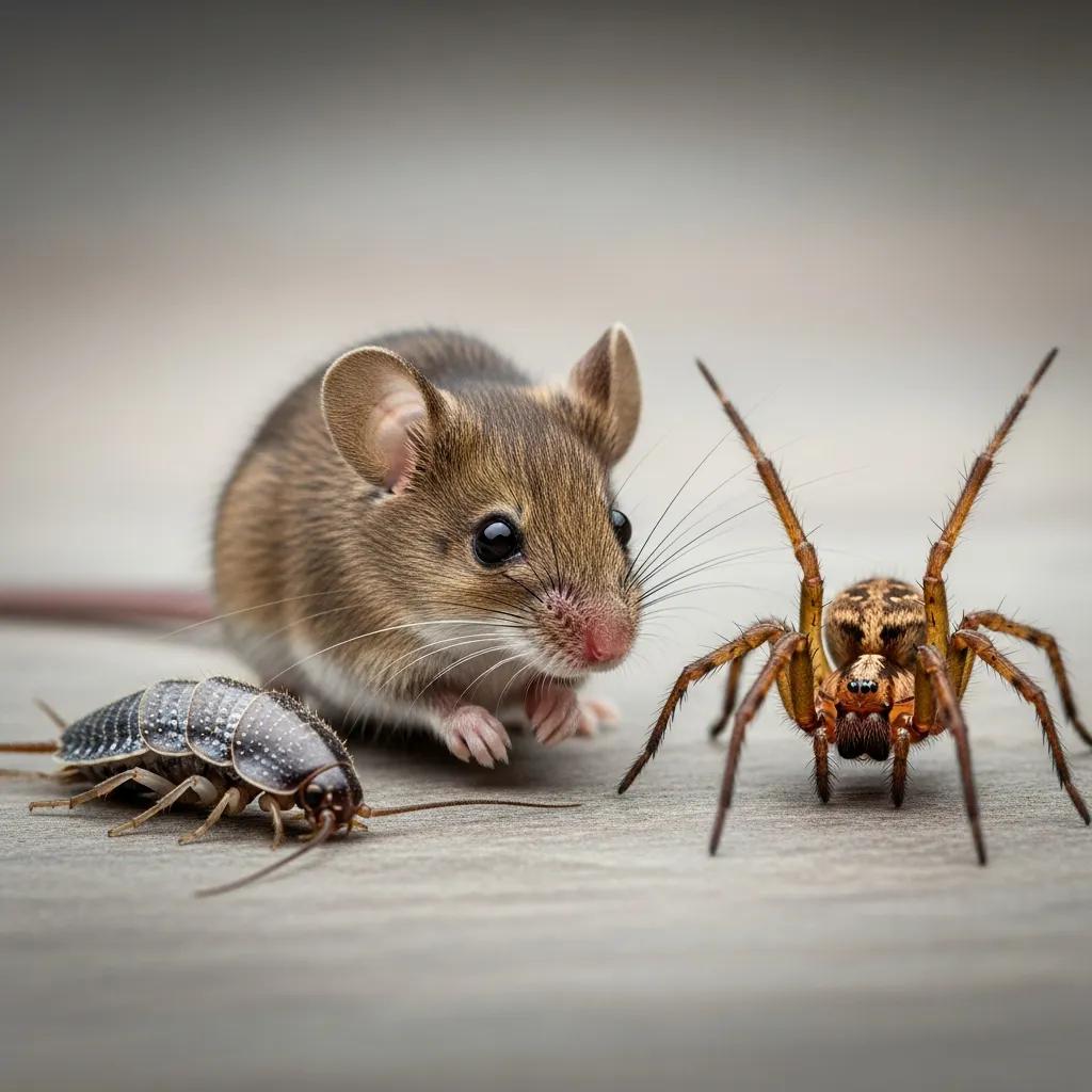 Close-up of common winter pests: mouse, silverfish, and spider in a natural setting