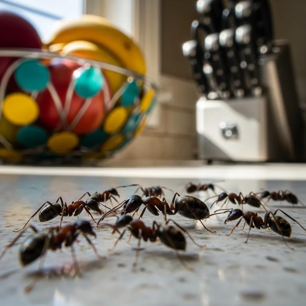 Close-up of odorous house ants on kitchen countertop