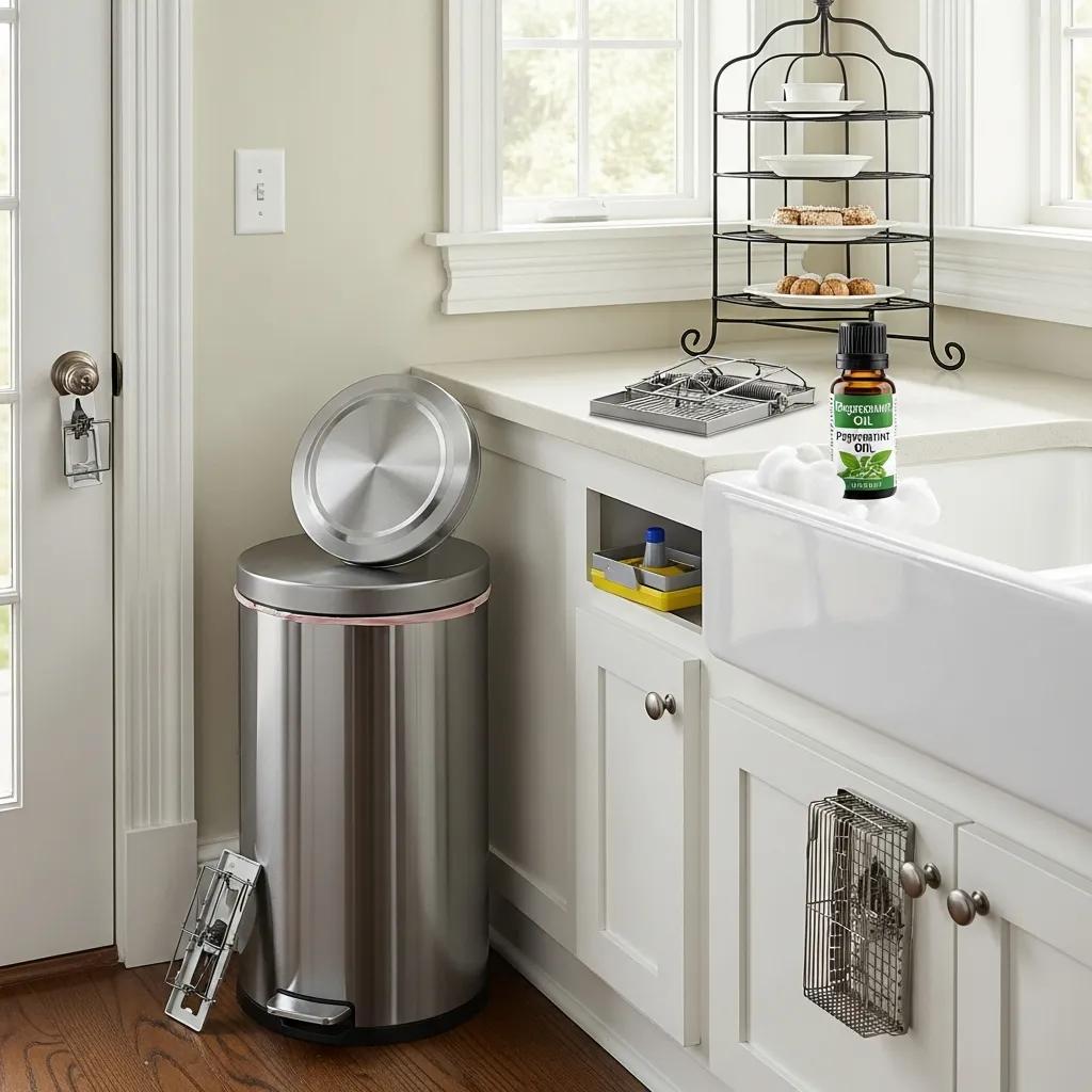 DIY rodent control methods including traps and natural repellents in a kitchen setting