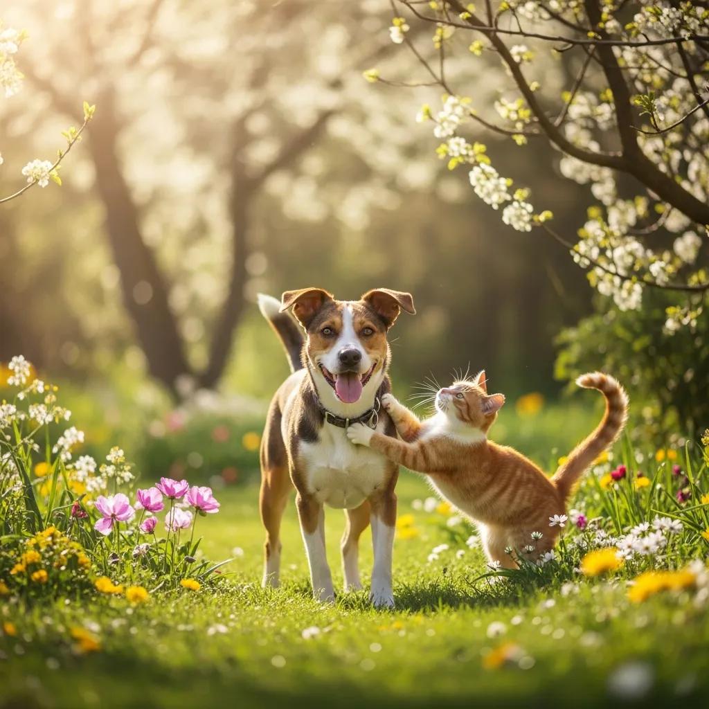 Happy dog and cat playing in a spring garden, symbolizing pet-safe pest control
