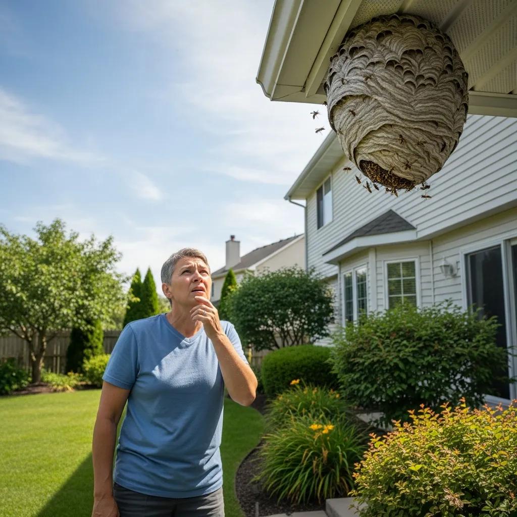 Homeowner observing a wasp nest, highlighting the risks of DIY pest control