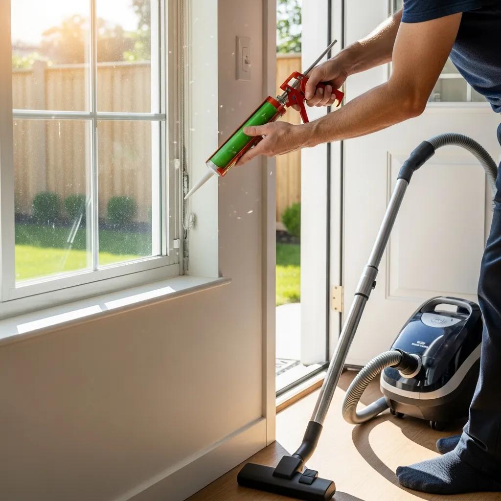 Homeowner sealing entry points to prevent spider infestations, showcasing effective prevention tips
