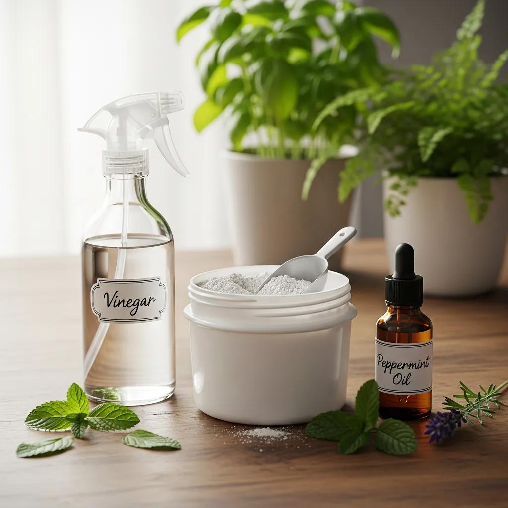 Natural remedies for ant control including vinegar, diatomaceous earth, and peppermint oil
