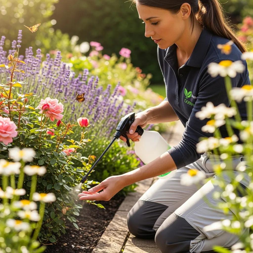 Pest control expert using eco-friendly solutions in a garden, emphasizing sustainable practices