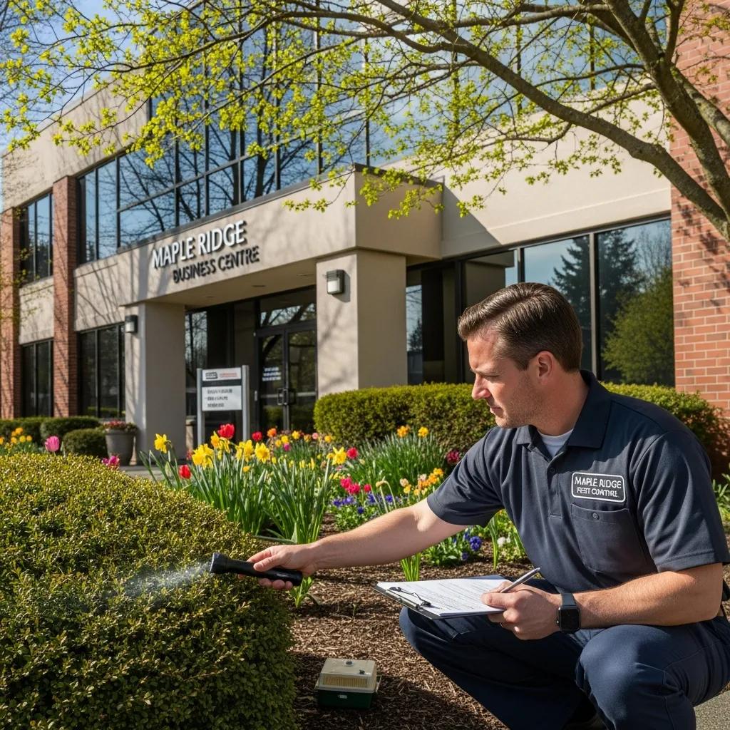 Pest control technician inspecting a commercial property in spring, highlighting seasonal pest management