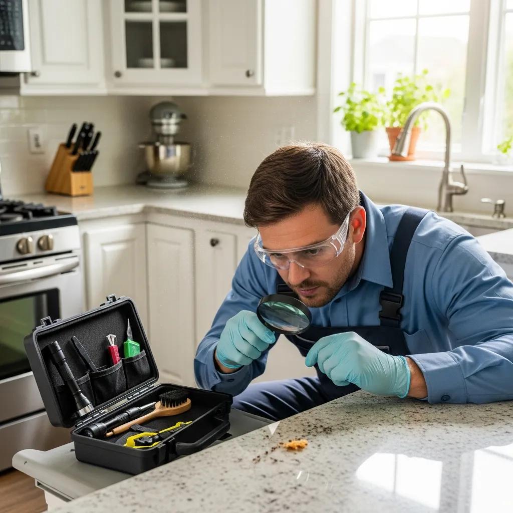 Pest control technician inspecting kitchen for odorous house ants