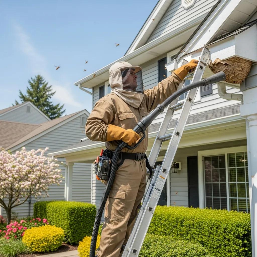 Pest control technician removing a wasp nest, demonstrating safe practices in wasp control