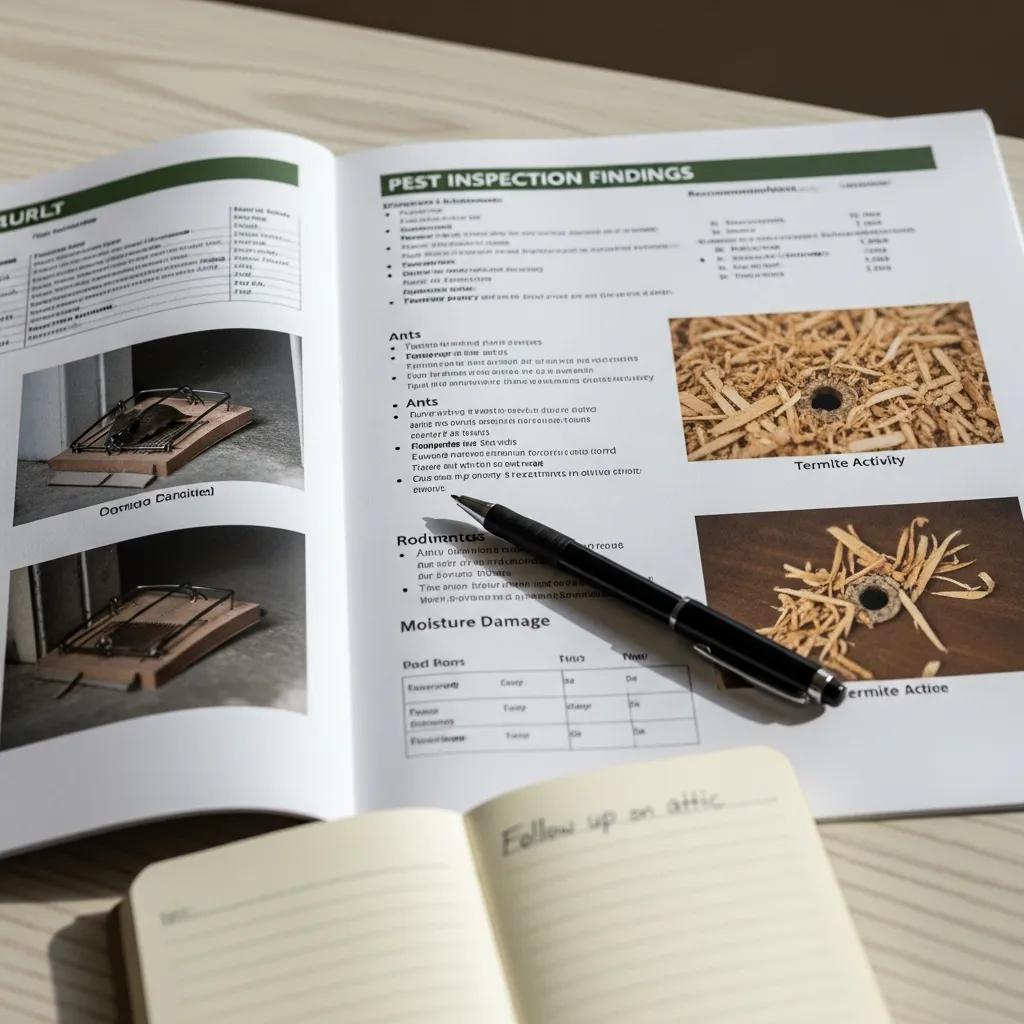 Pest inspection report with findings and photographs on a table