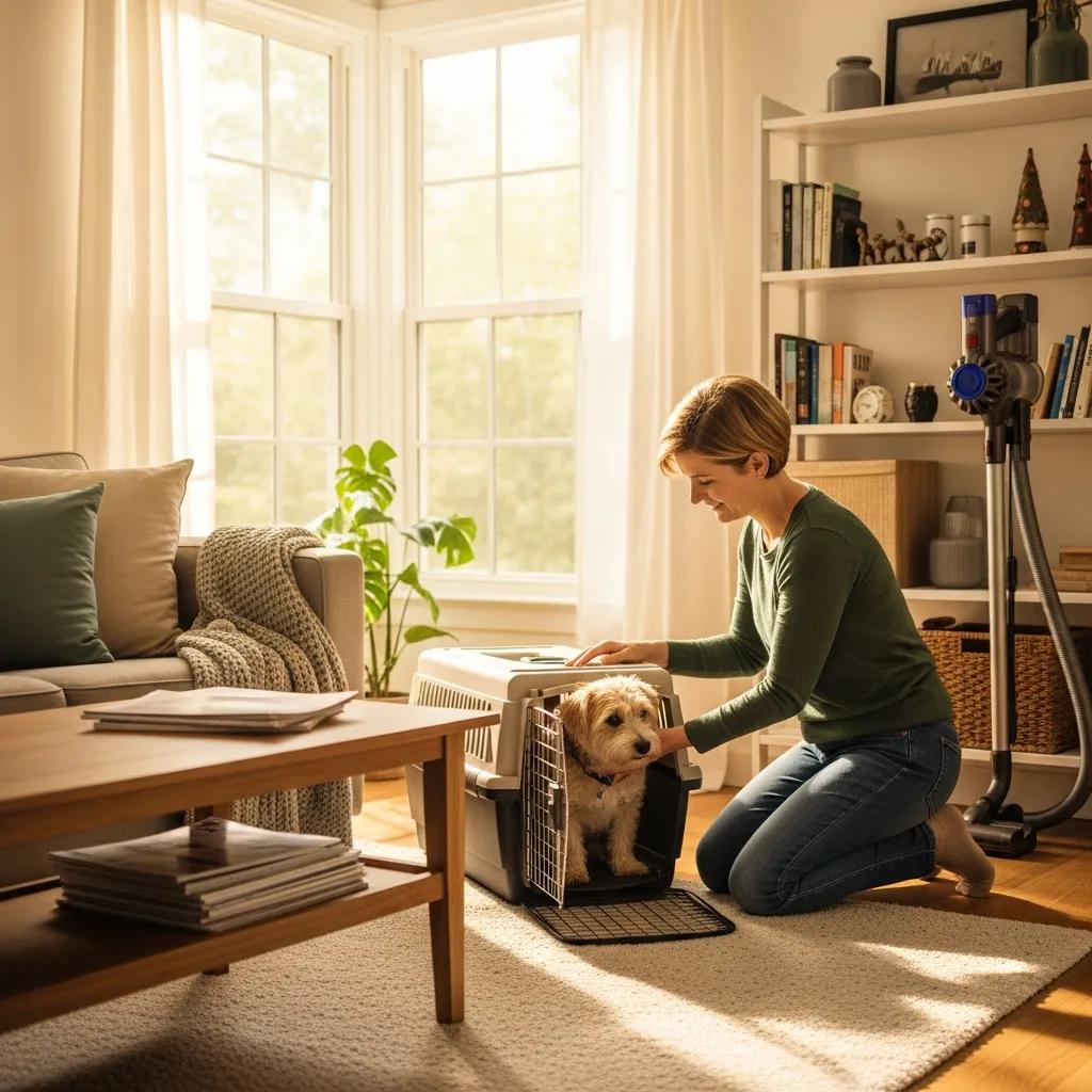 Pet owner preparing home for pest control, ensuring safety for their dog