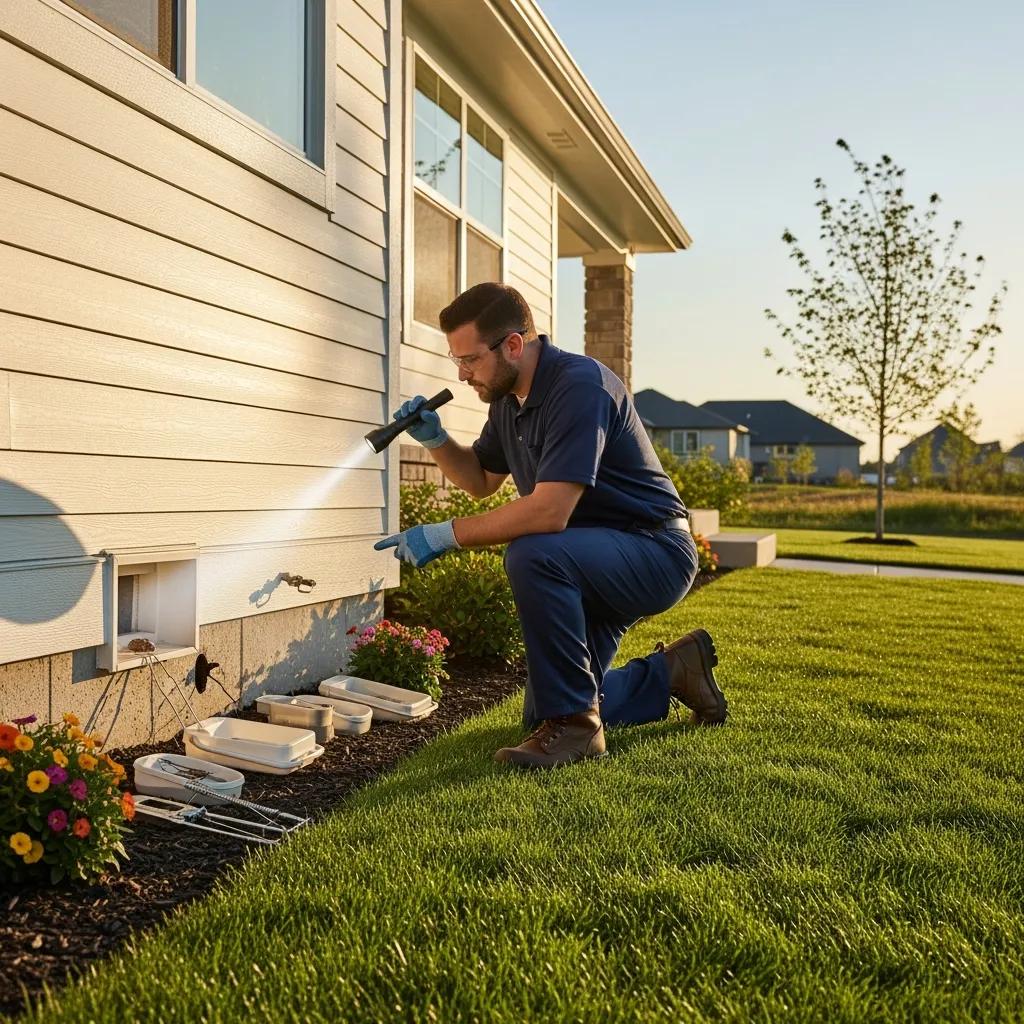 Professional pest control technician inspecting a home for rodent infestations