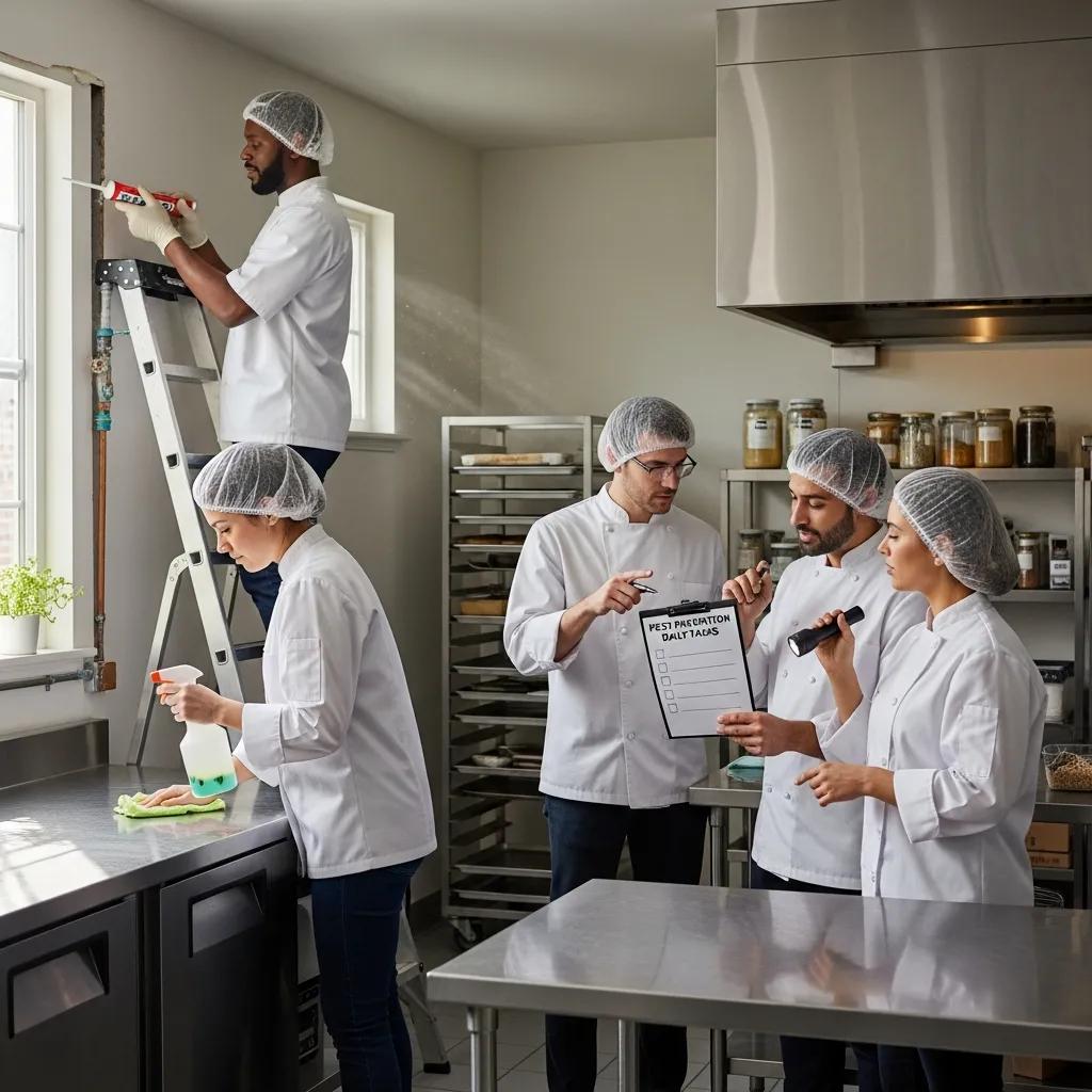 Team of employees implementing preventative pest control strategies in a commercial kitchen