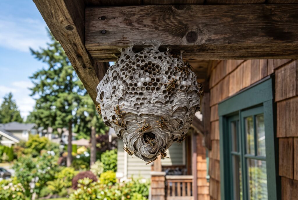 Wasp nest on house eave siding in Maple Ridge BC 2026 removal guide for homeowners