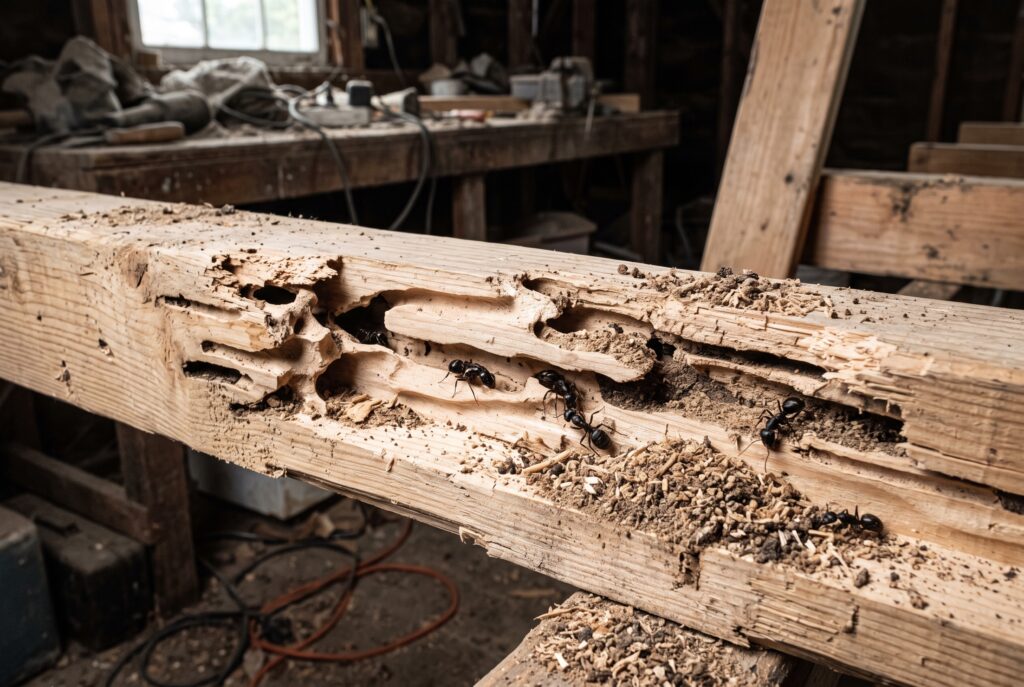 Carpenter ant damage to wood structure frass and sawdust signs BC home