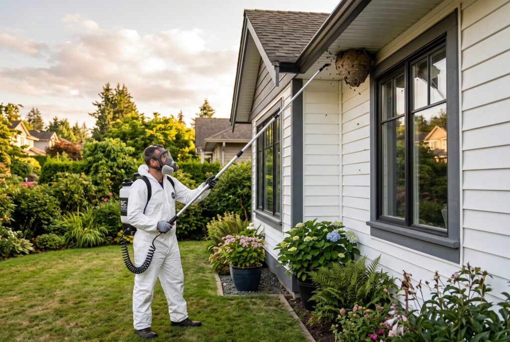 Wasp nest removal cost technician treating nest with protective gear pricing guide