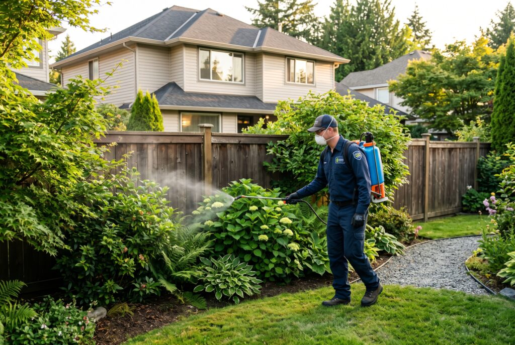 Mosquito control barrier treatment service technician backyard spraying BC
